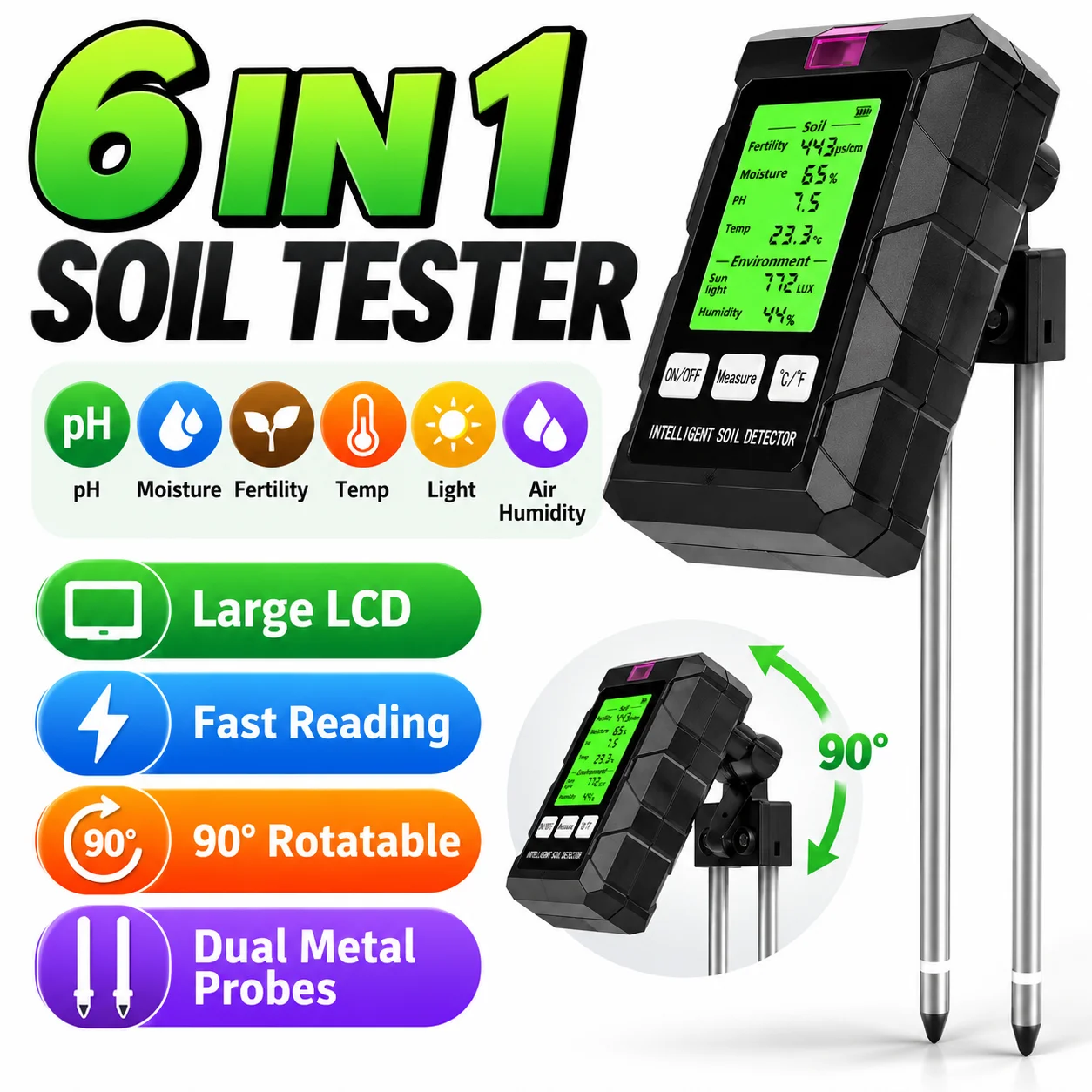 Ph Meter Digital Water Tester - 6-in-1 Soil Tester Digital Soil Meter