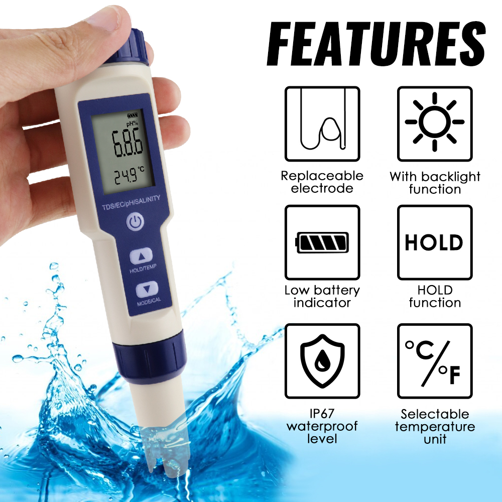5 IN 1 PH Temperature TDS EC S - Ph Meter Digital Water Tester ulasan dan harga